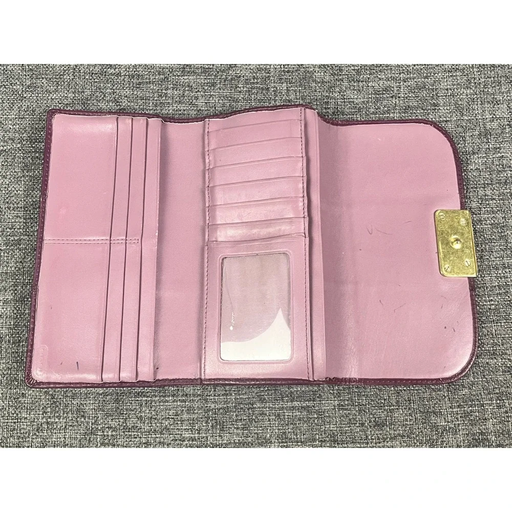 Coach Purple Leather Trifold Wallet Gold Push Lock Flap Long Organizer Wallet